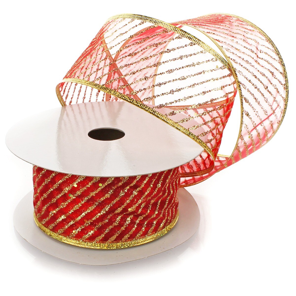 2 1/2" Wired Ribbon Metallic Banded Edge Sheer Diagonal Stripes Light Red/Gold - 10 Yards