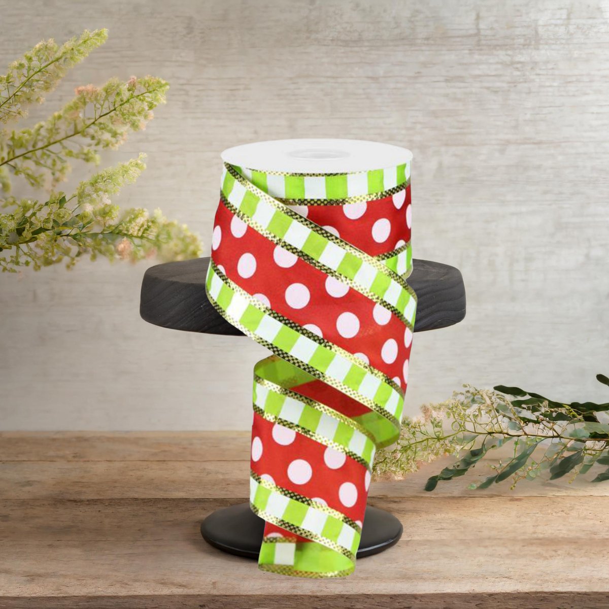 2.5&#x22; Striped Edge Polka Dot Ribbon: Red, Lime &#x26; White (10 Yards)