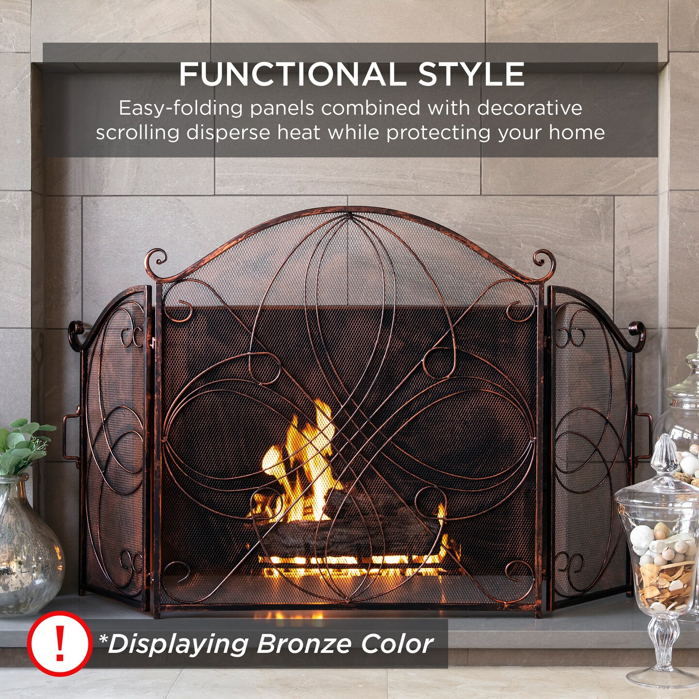 Best Choice Products 3-Panel 55x33in Wrought Iron Fireplace Safety Screen Decorative Scroll Spark Guard Cover