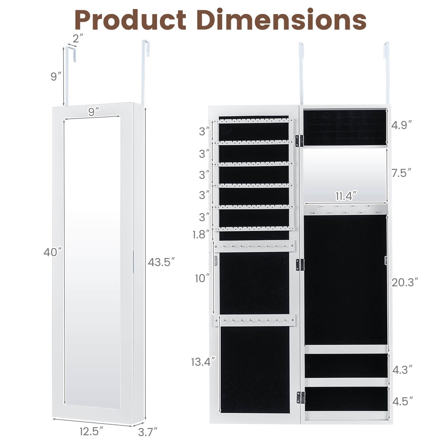Costway Wall Door Mounted Mirrored Jewelry Cabinet Storage Organizer-Black/Brown/White