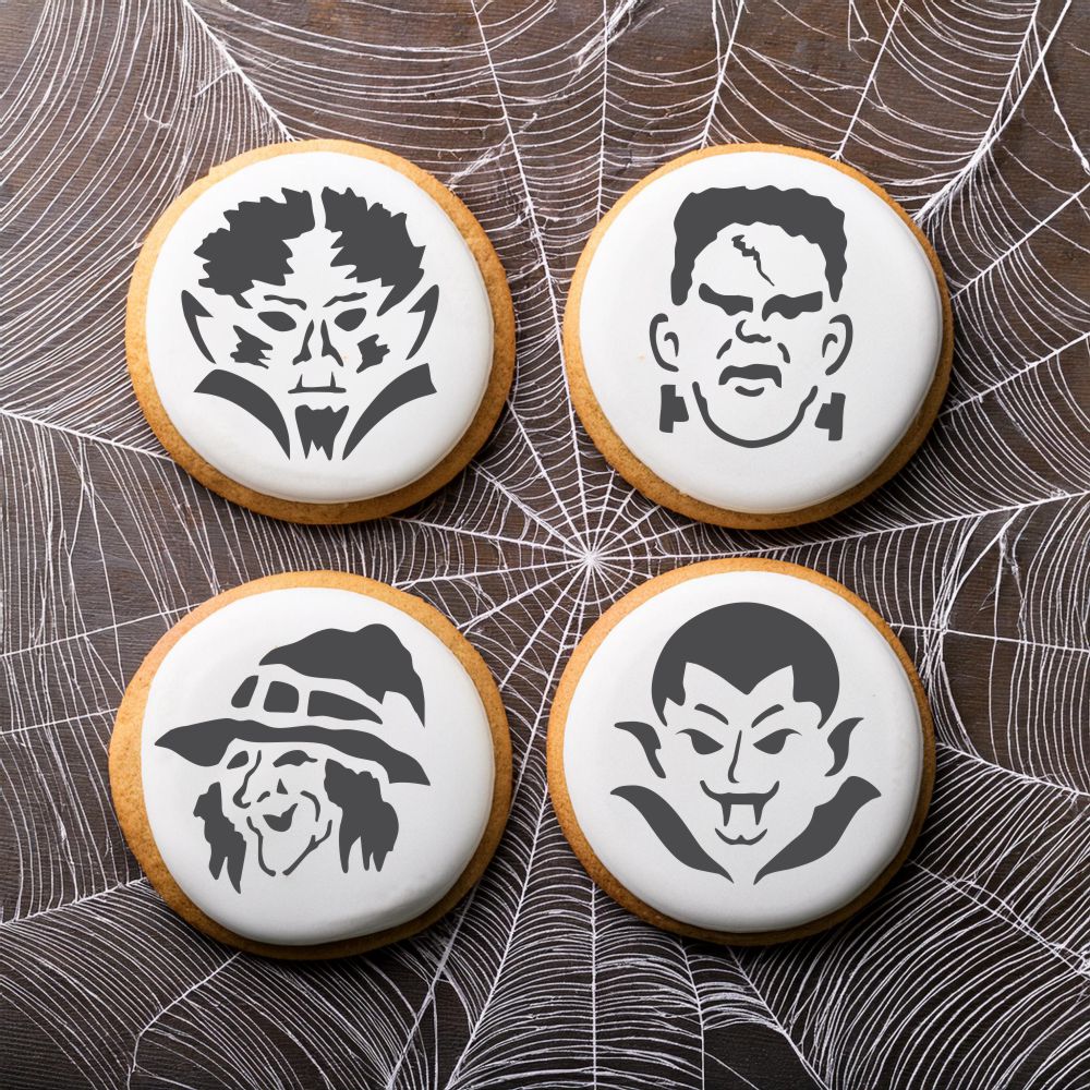 Mini Monster Faces Cookie &#x26; Cupcake Stencil Set: Frankenstein, Werewolf, Witch, Dracula | C793 by Designer Stencils | Cookie Decorating Tools |