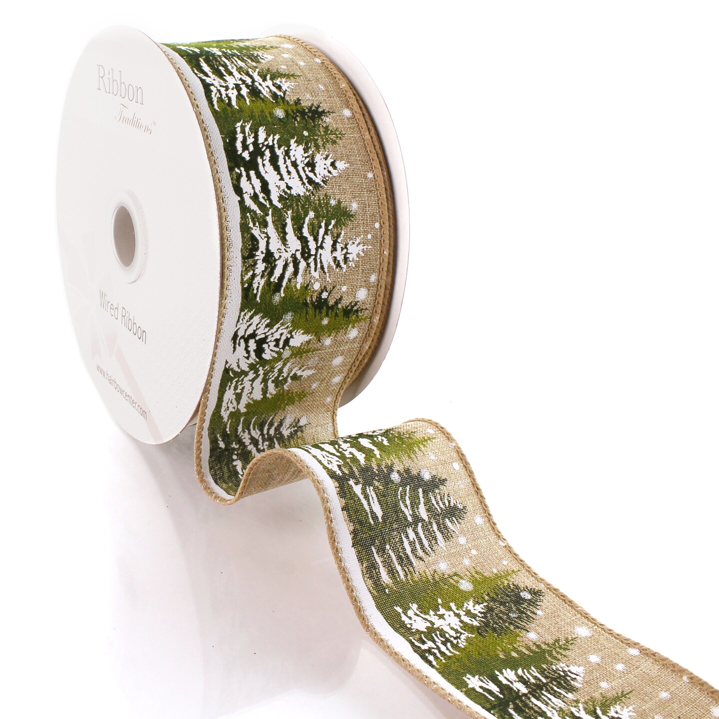 2 1/2&#x22; Wired Ribbon Winter Snowy Woodland Trees Burlap 25 Yards