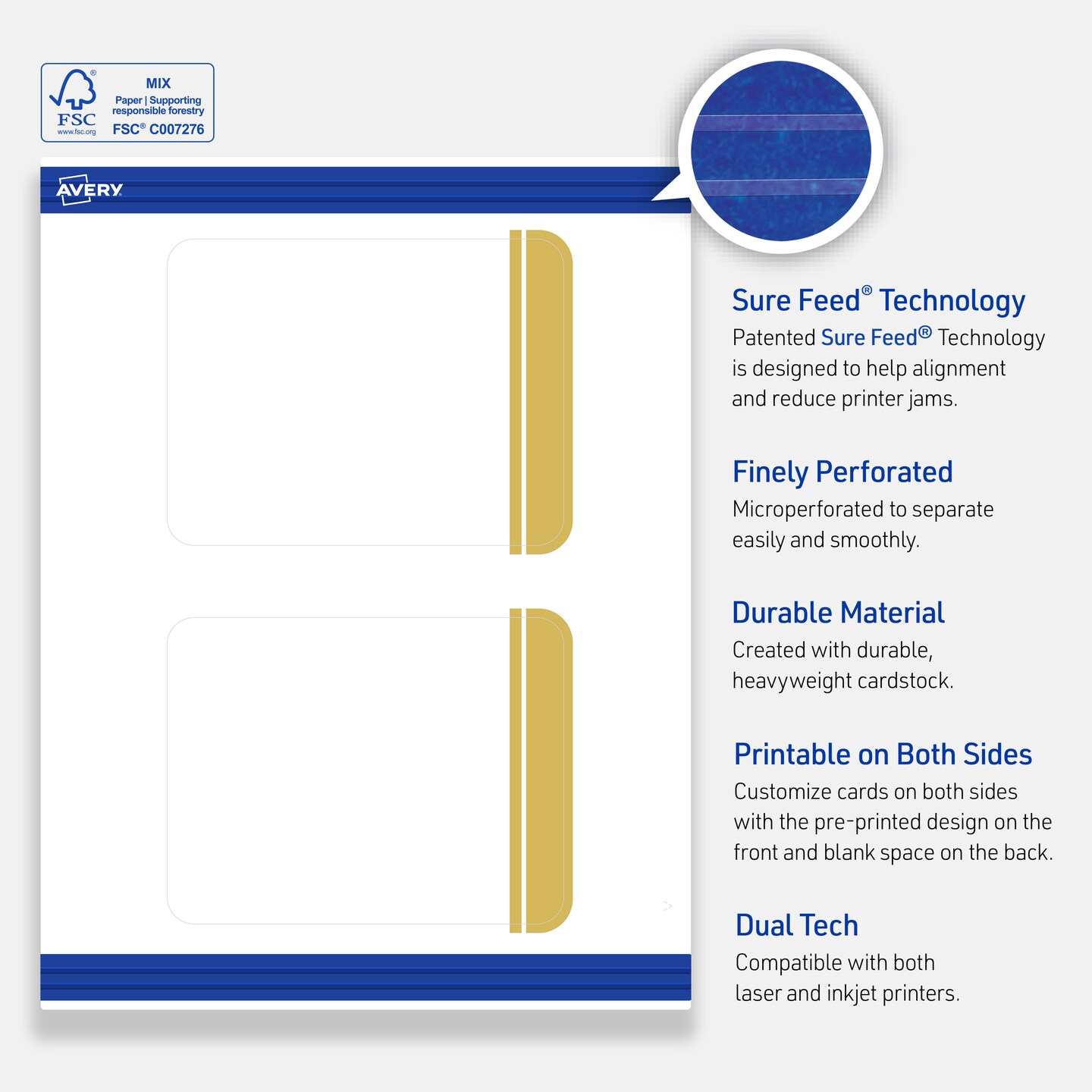Avery Printable Rounded Corner Postcards, 4.25" x 5.5", Matte White, Pre-printed Double Dipped Gold Edge Design, Sure Feed Technology, Laser & Inkjet Compatible, 40 Total