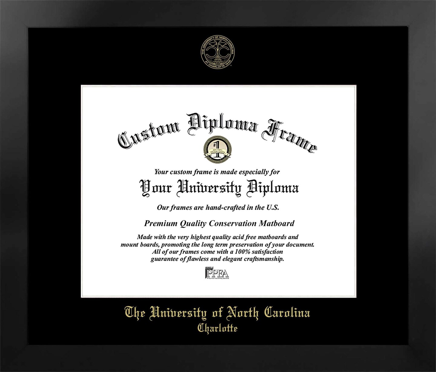 University of North Carolina, Charlotte 14w x 11h Manhattan Black Single Mat Gold Embossed Diploma Frame with Bonus Campus Images Lithograph (value savings at $59)