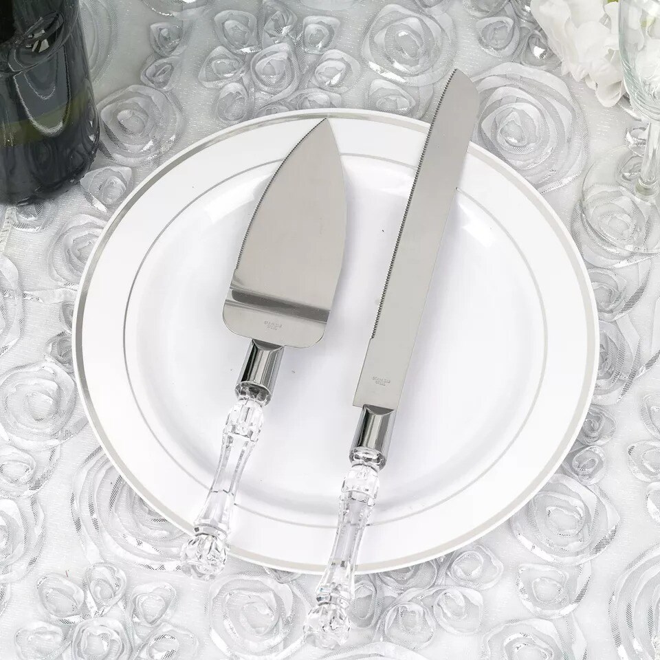 Silver Clear Knife and Server Crystal Handles Cake Serving Set Wedding Tableware