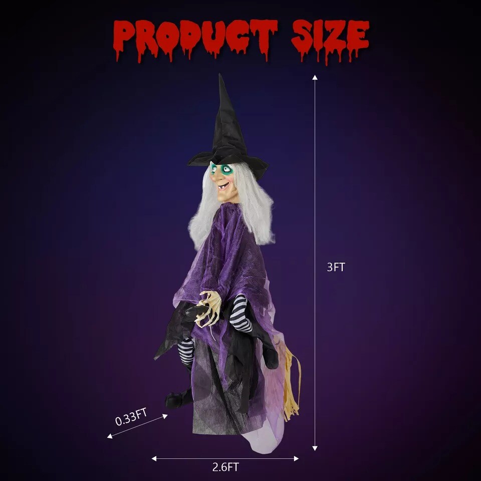 3FT Halloween Outdoor Spooky Decoration Talking Glowing Eyes Witch with Broom