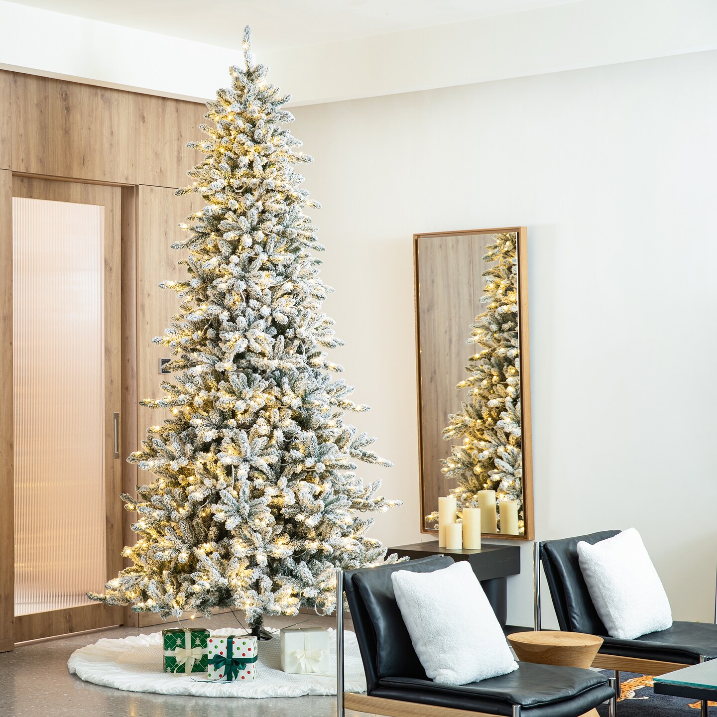 11FT/10FT Pre-Lit Full-size Flocked Fir Artificial Christmas Tree With Warm White Lights, With Remote Control