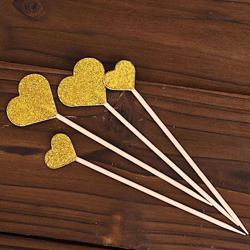 24 Gold Glittered Heart Cupcake Toppers Picks Cake Decorations Party Supplies