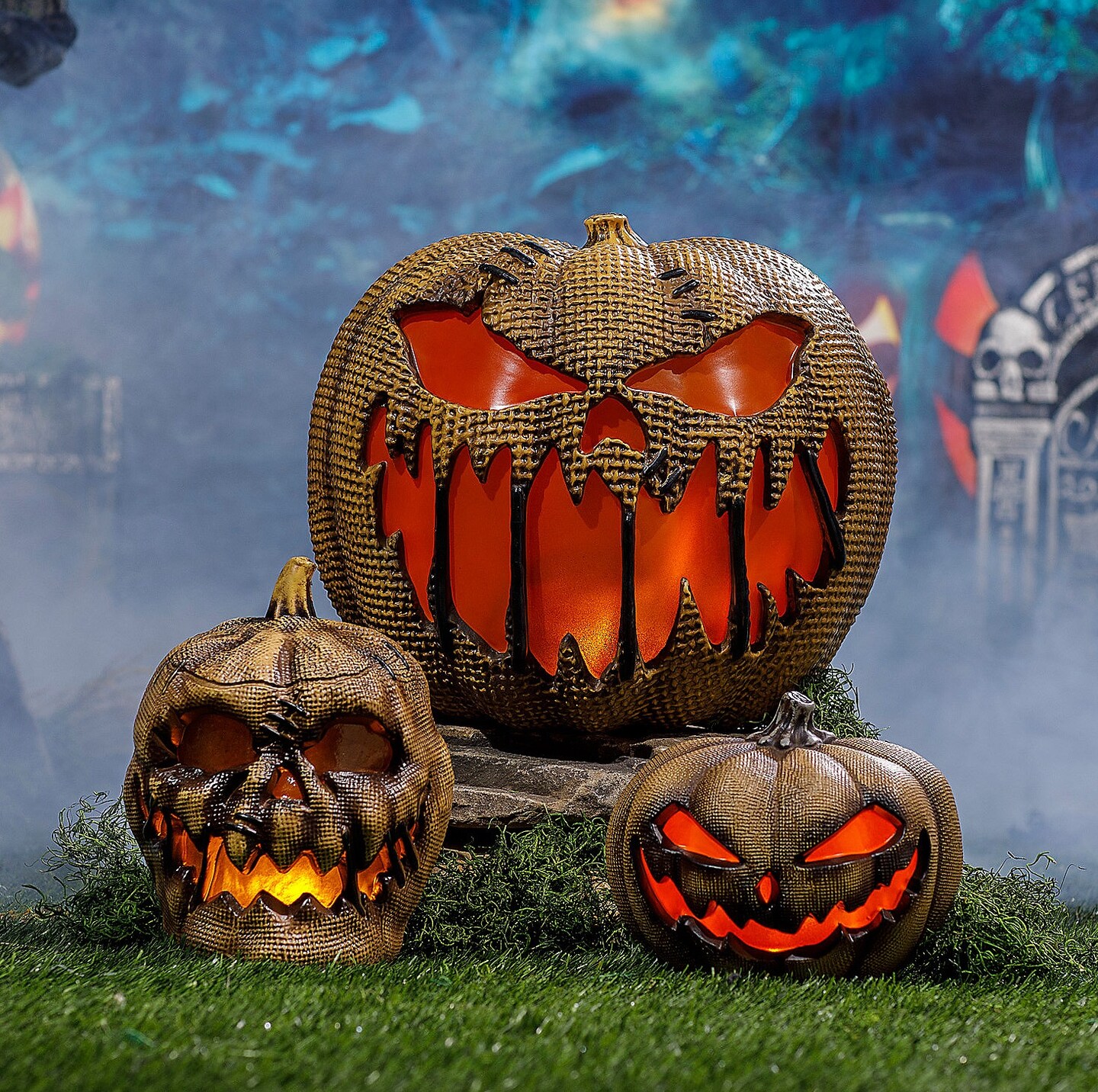Animated Flaming Burlap Pumpkin Halloween Decoration 14&#x22;