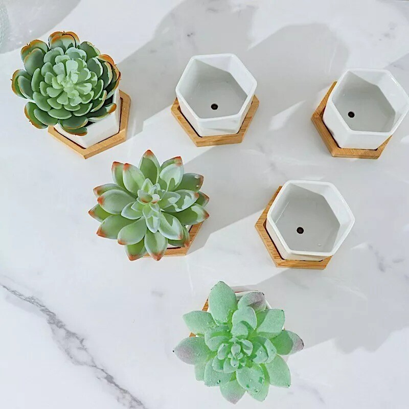 6 Natural White 3&#x22; Mini Ceramic Flower Pots Hexagon Geometric Planters Party