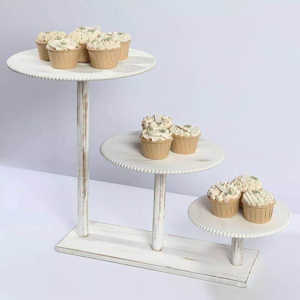 3-Tier Whitewash Wooden Cake Stand Round Beaded Rim Trays Party Event Decoration