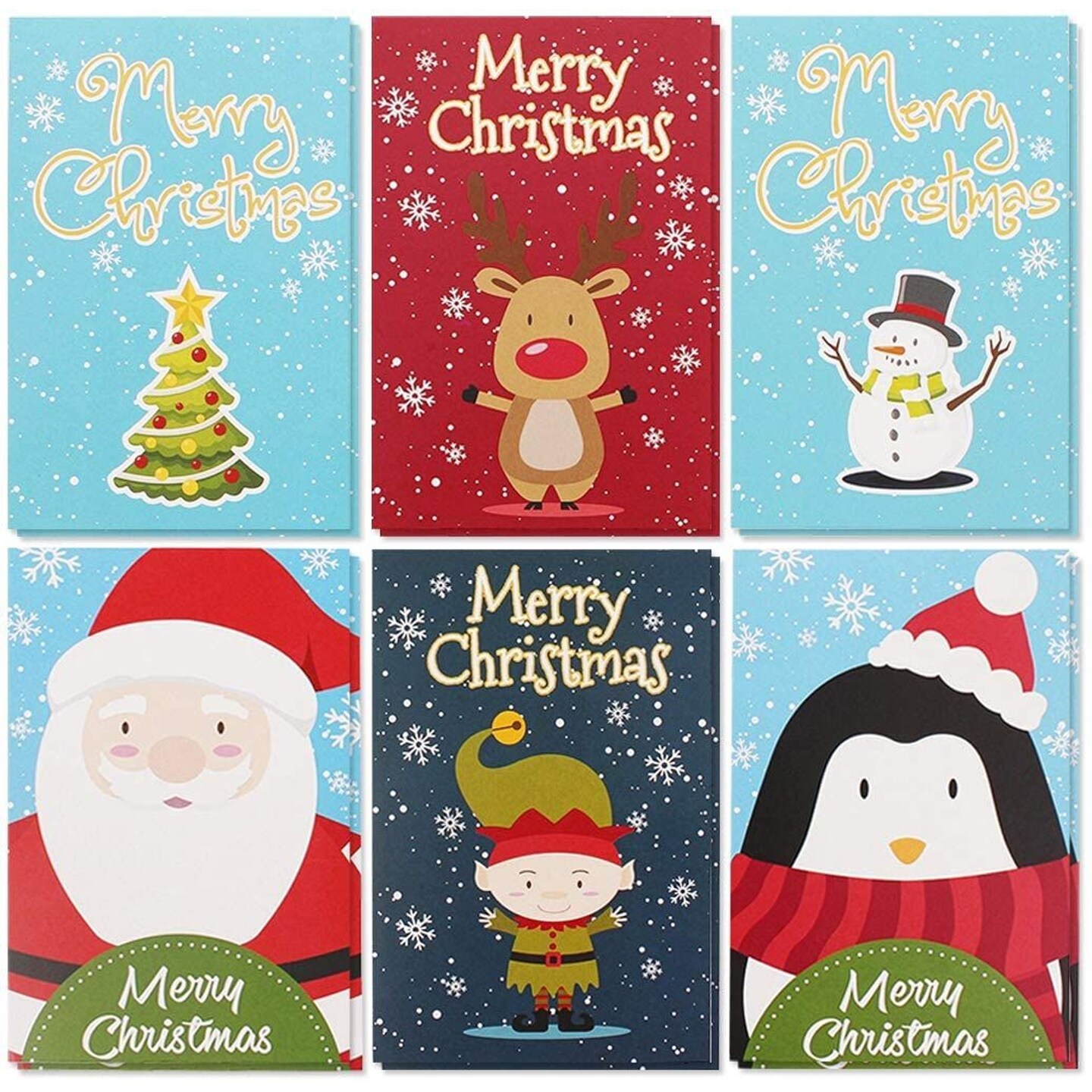 36 Pack Christmas Cards with Envelopes Boxed 4x6 in, Xmas Greeting Notes Bulk, 6 Assorted Holiday Designs