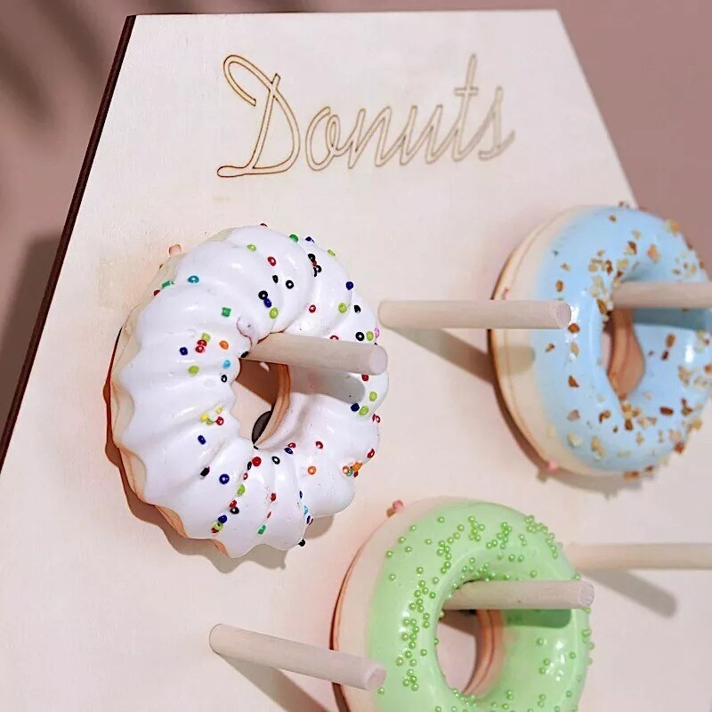 13&#x22; Natural Donut Wall Display Stands Hexagon Wooden Board Party Decorations