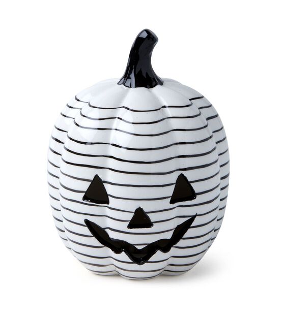 8&#x22; Halloween Black Striped Jack O Lantern- Ceramic W/LED