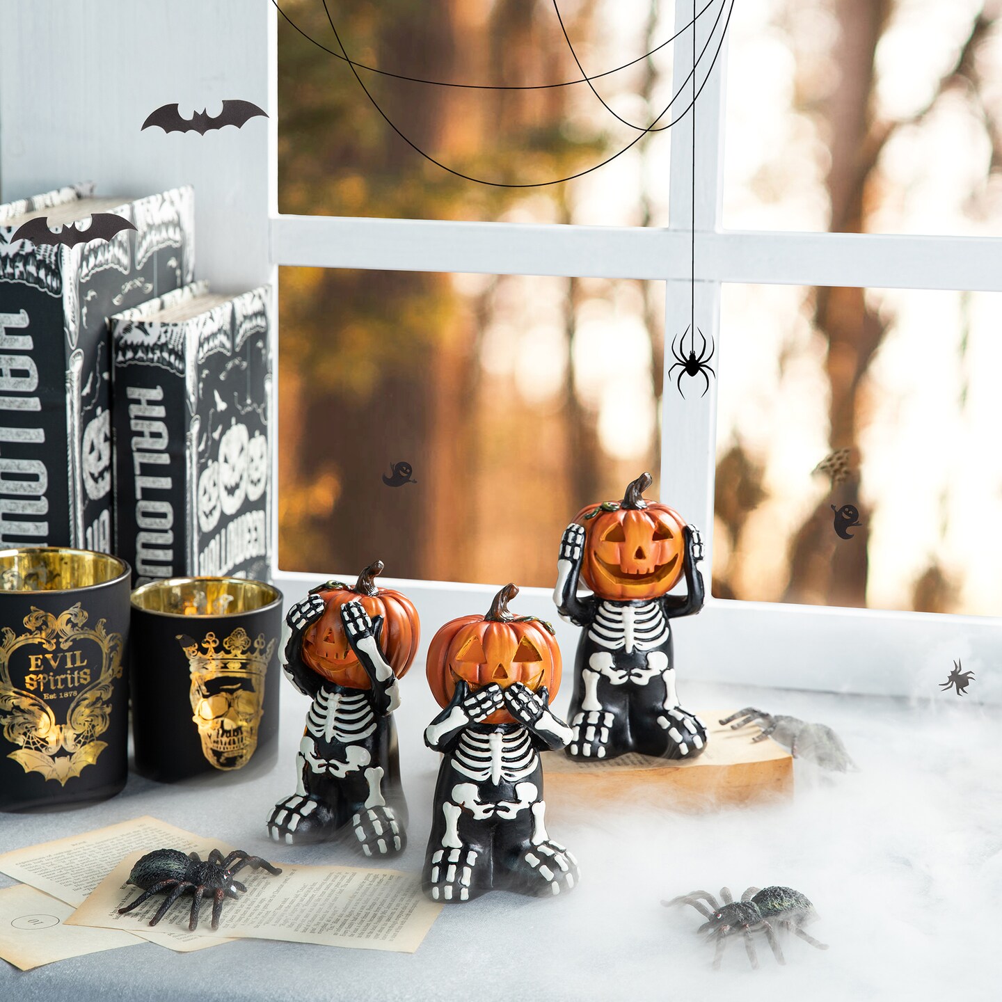 Set of 2 5.75"H 3pcs Halloween Resin Skeleton Pumpkin Table Decor