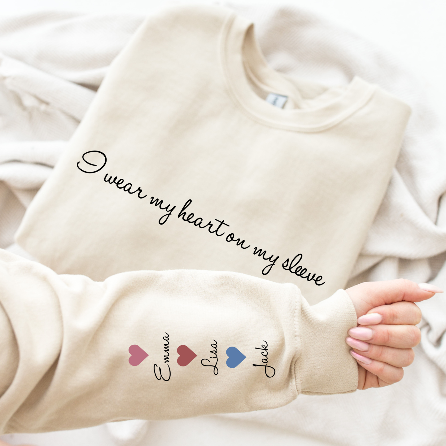 I Wear My Heart On My Sleeve Sweatshirt Mothers Day Shirt Mama Sweatshirt with Kids Name on Sleeve Personalized Mother Day Gift for Mom MakerPlace by Michaels