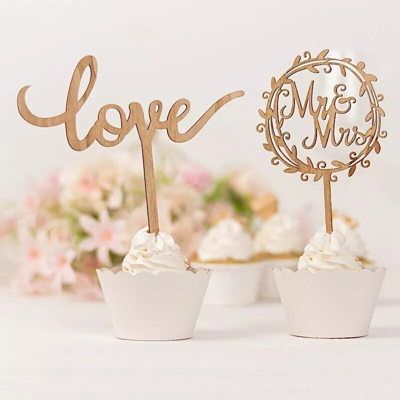 2 Natural Wooden Mr &#x26; Mrs and Love Wedding Cake Toppers Party Events Decorations