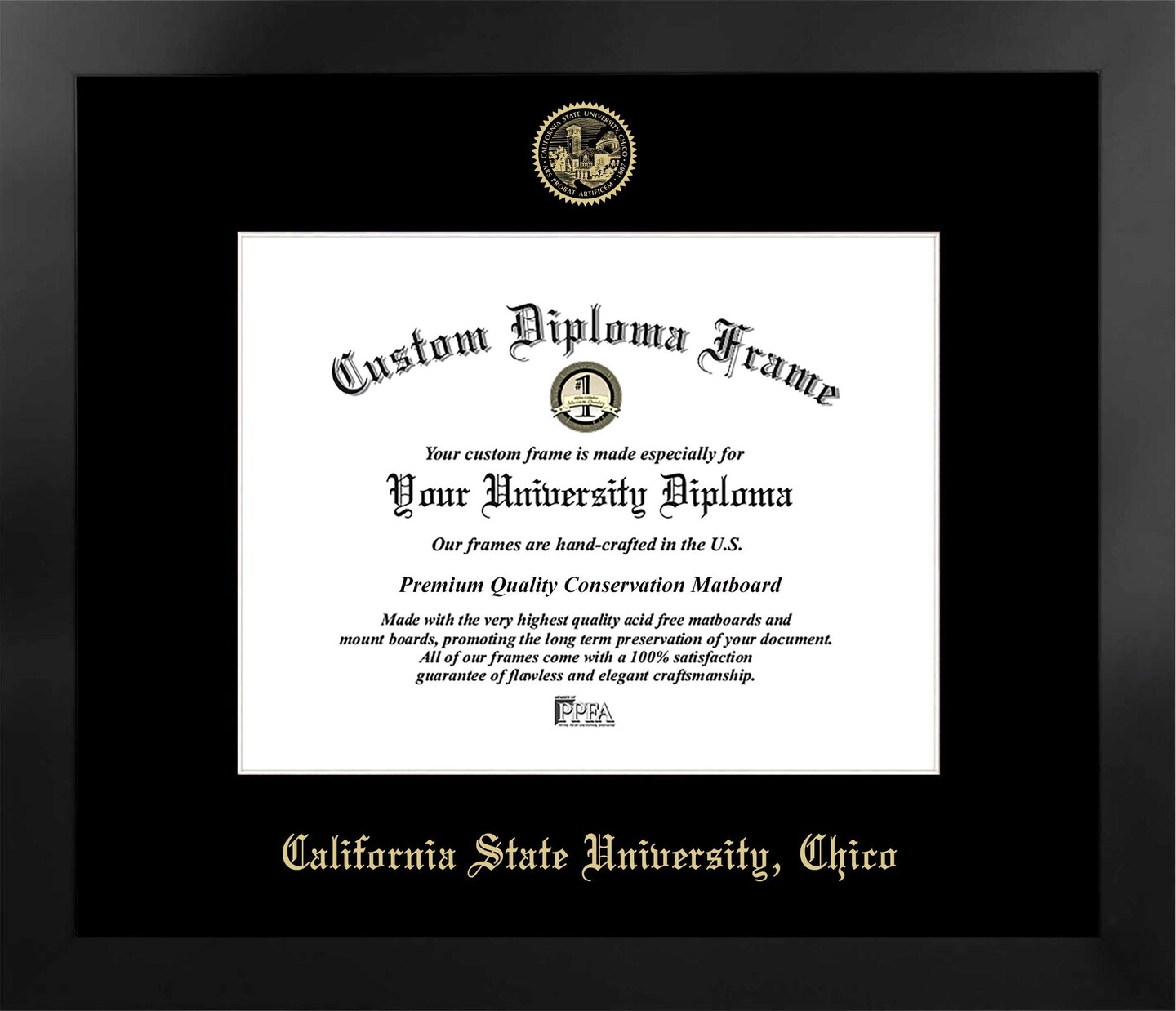 California State University, Chico 11w x 8.5h Manhattan Black Single Mat Gold Embossed Diploma Frame with Bonus Campus Images Lithograph (value savings at $59)