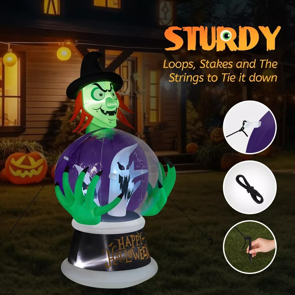 5.9FT Witch&#x27;s Crystal Ball Inflatable Halloween Outdoor Decorations w/LED Lights