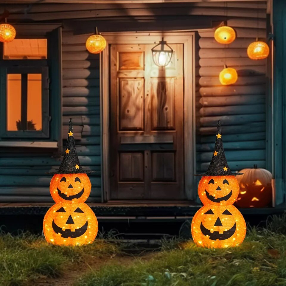 2 of Set 3FT Halloween Collapsible Pumpkin Decorations Pre-Lit Light up 150 LED