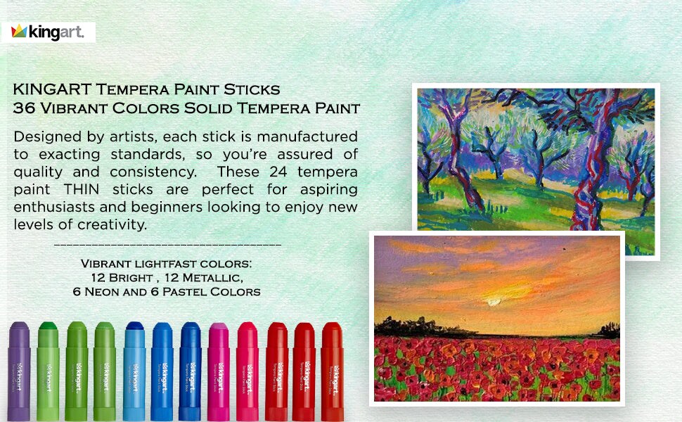 KINGART&#xAE; Tempera Paint Sticks, 36 Vibrant Colors Solid Tempera Paint for Kids, Super Quick Drying, Works Great on Paper Wood Glass Ceramic Canvas