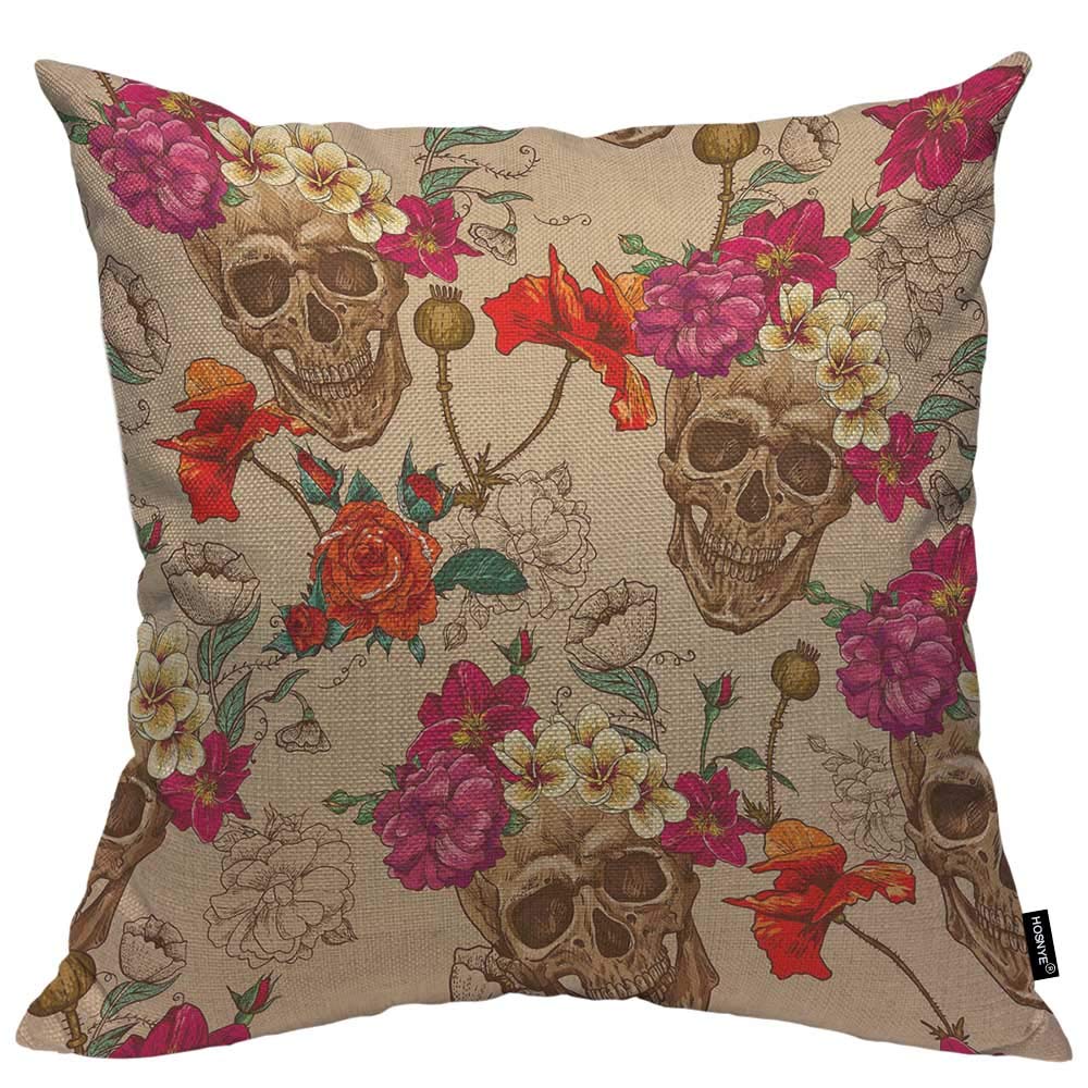 HOSNYE Skull and Flowers Throw Pillow Case Cushion Covers Sugar Skull Smiles Mexican Festival Halloween Cotton Linen for Couch Bed Sofa Car Waist 18 x 18 inch