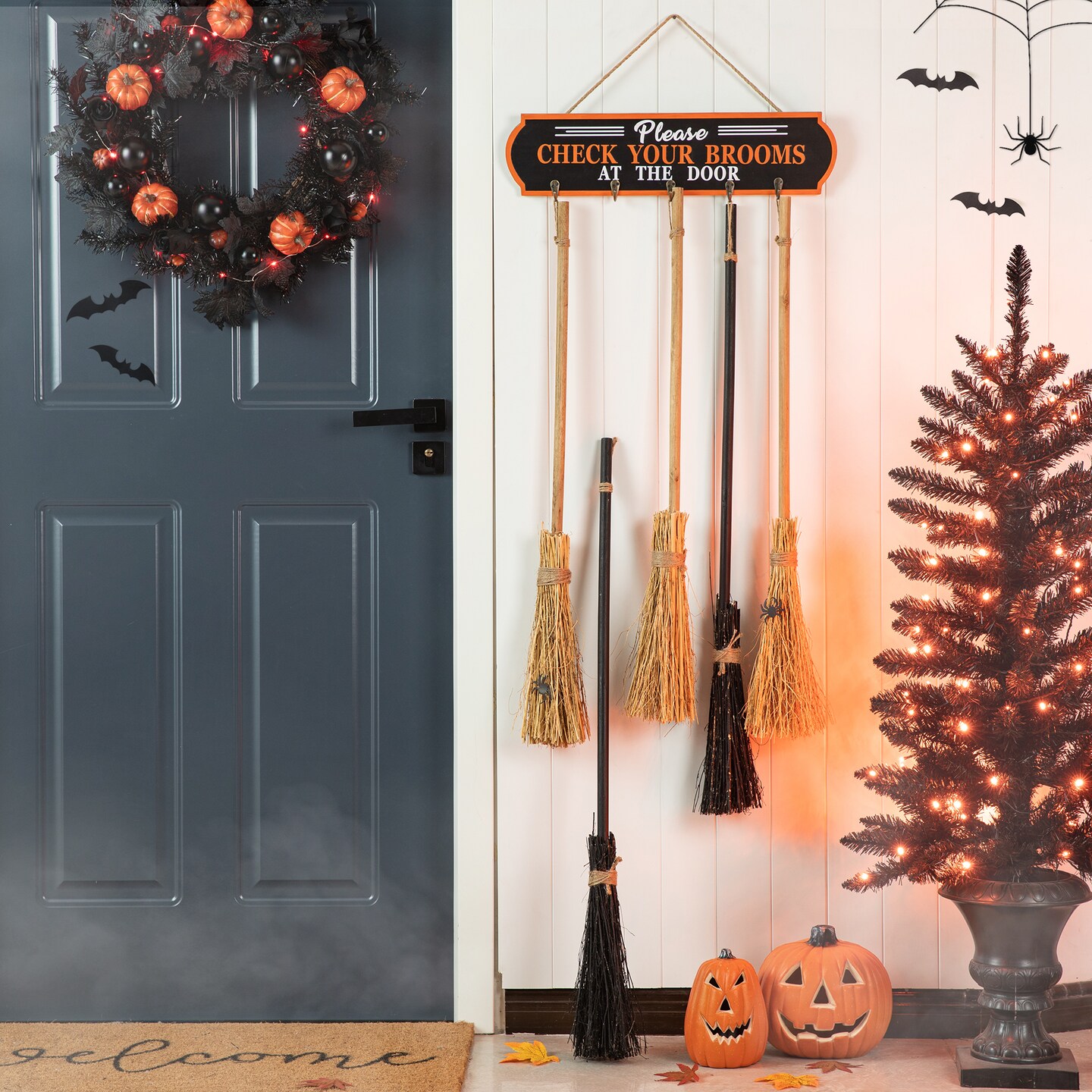 Set of 4 42&#x22;H Halloween Wooden Brooms Parking Porch Decor