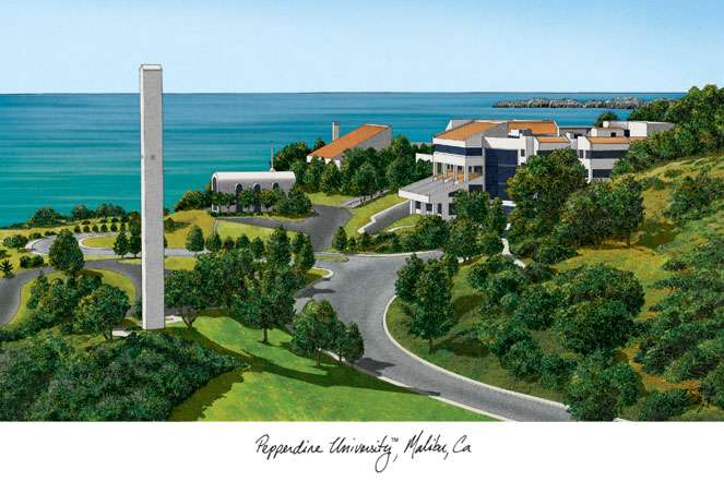 Pepperdine University 11w x 8.5h Manhattan Black Single Mat Gold Embossed Diploma Frame with Bonus Campus Images Lithograph (value savings at $59)