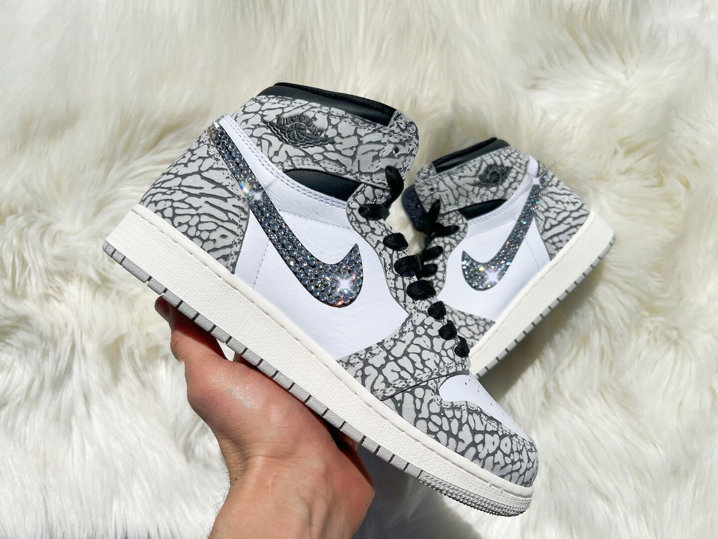 Swarovski Women s Air Jordan 1 Retro High White Elephant Print Sneakers Blinged With Authentic Swarovski Crystals Custom Bling MJ Shoes MakerPlace