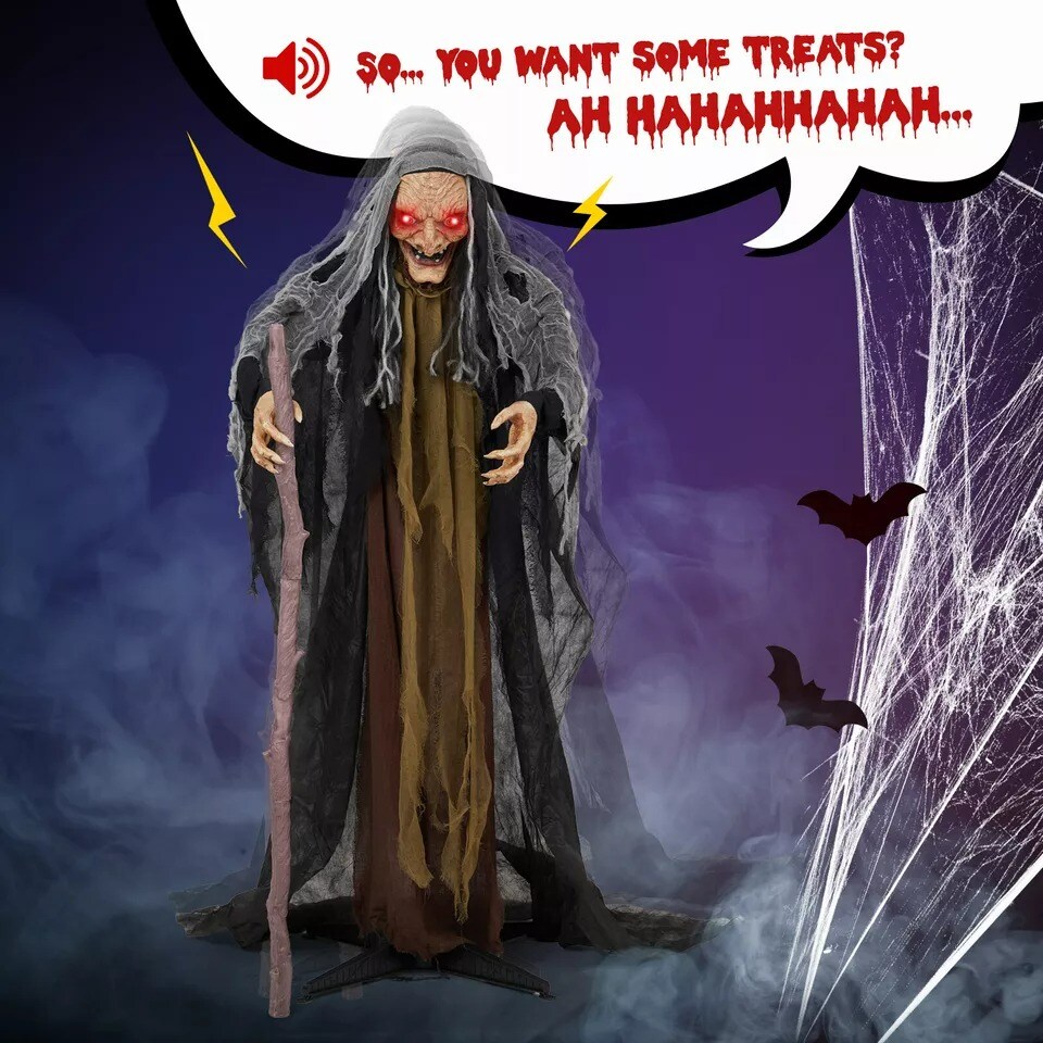 5.3FT Halloween Outdoor Spooky Decoration Talking Witch with Cane Glowing Eyes