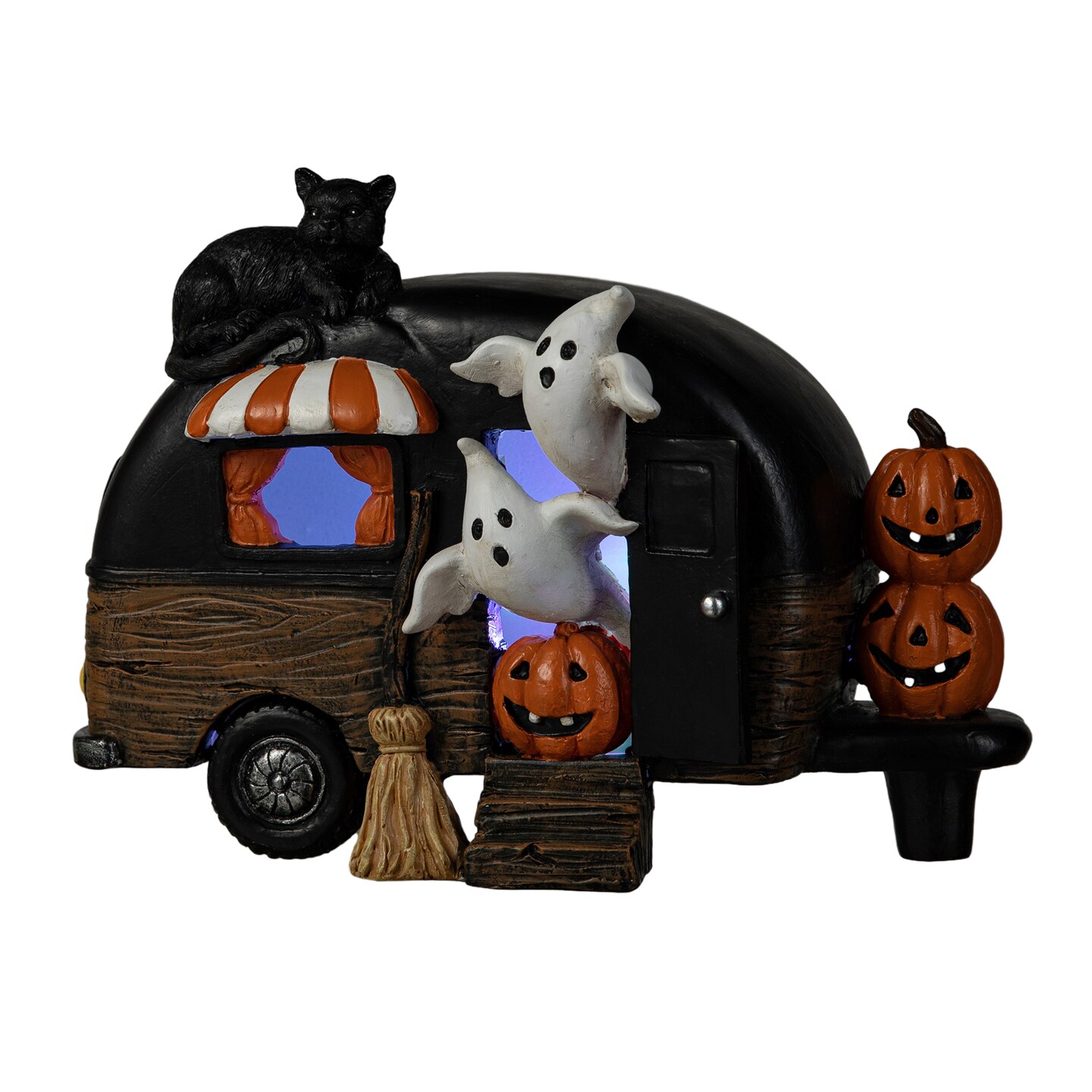 Set of 2 9.25''L Halloween Polyresin Lighted Camper W/Ghost& Pumpkin&Black Cat Table Decor