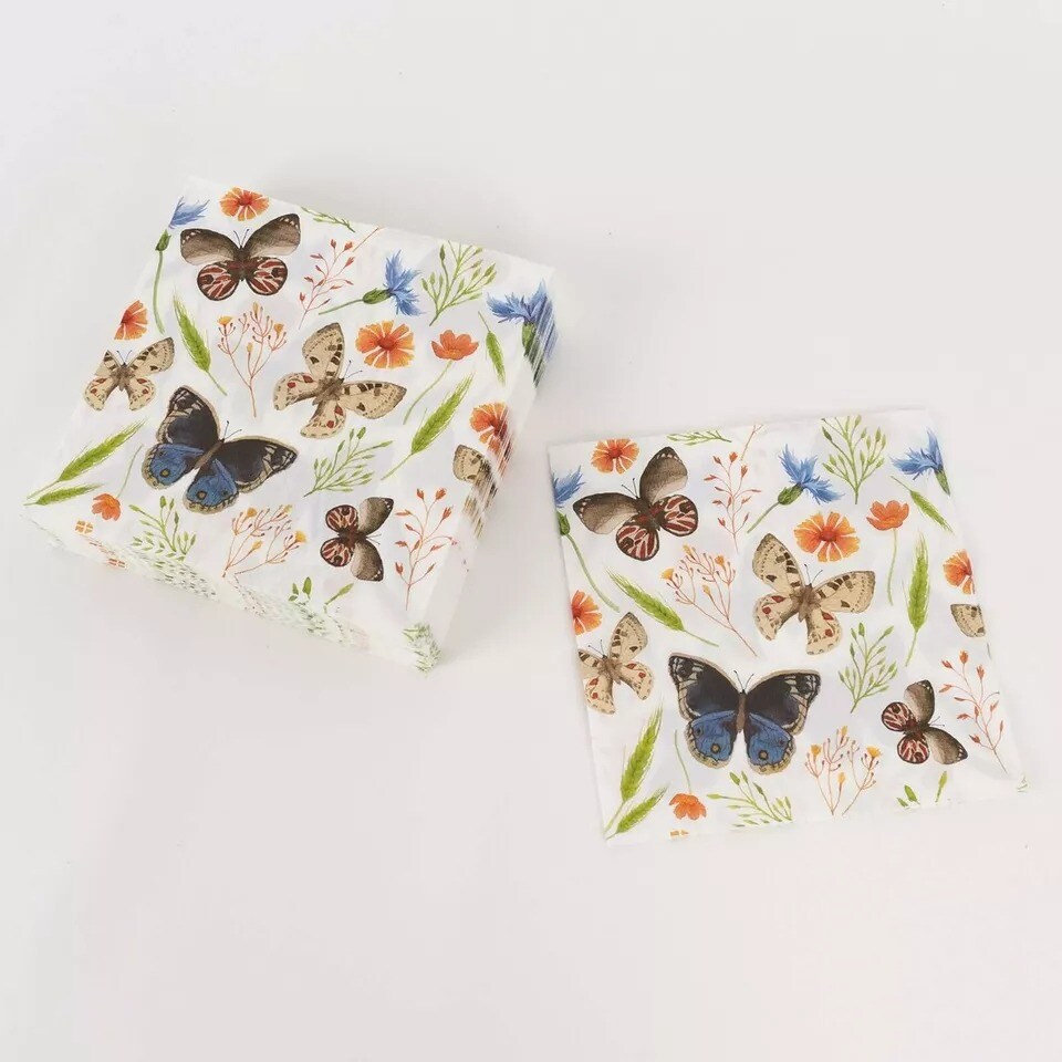 50 Assorted Disposable 2 Ply Paper Napkins Field Herbs Butterfly Print Party