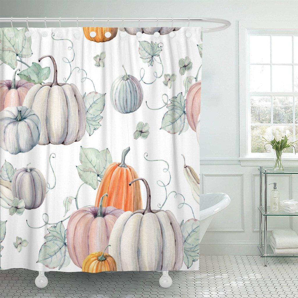 Emvency Shower Curtain Pattern Watercolor Pumpkins It is Thanksgiving Halloween Recipe Fall Waterproof Polyester Fabric 60 x 72 inches Set with Hooks