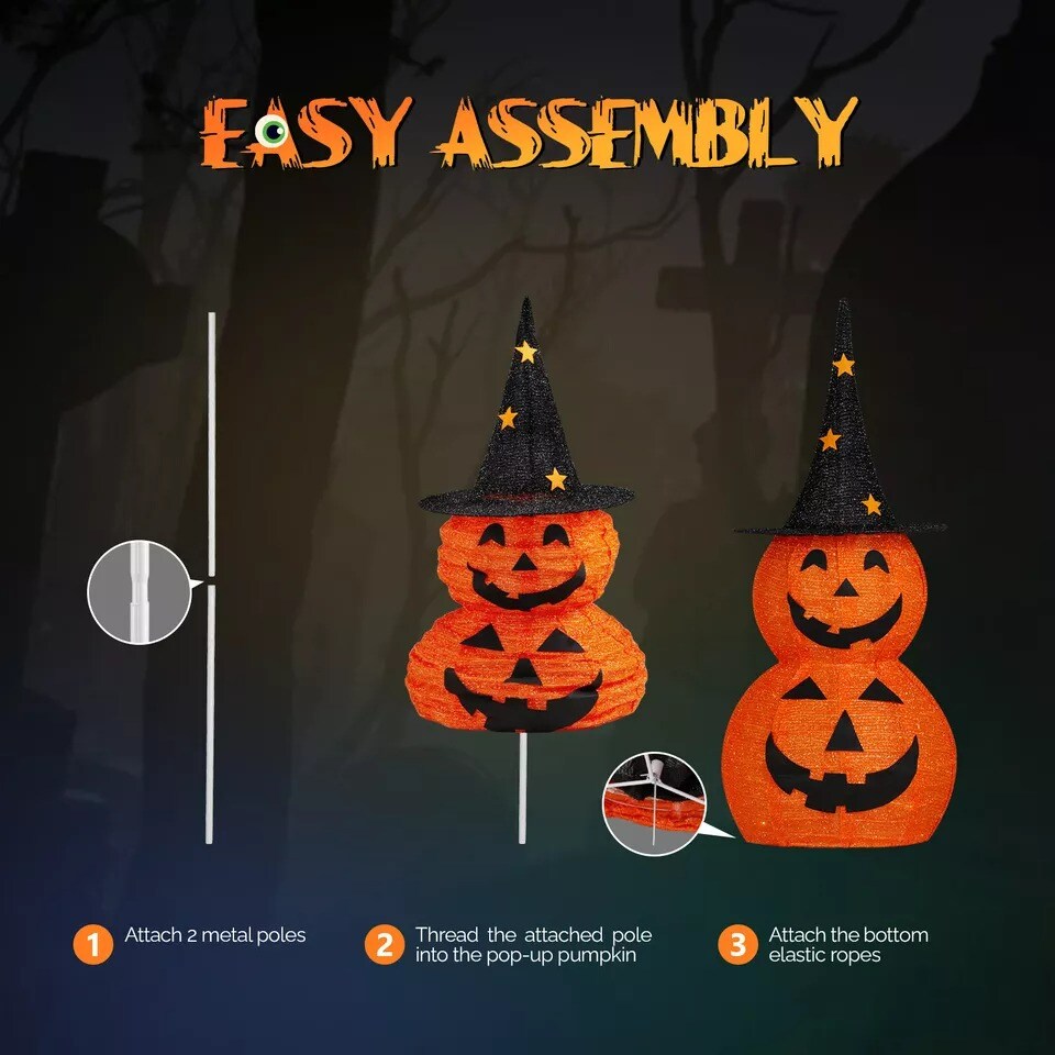 2 of Set 3FT Halloween Collapsible Pumpkin Decorations Pre-Lit Light up 150 LED