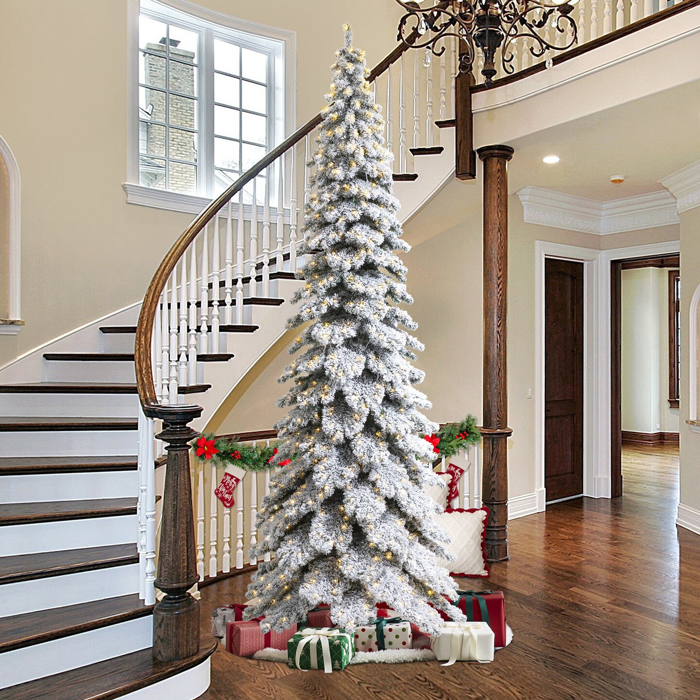 12FT Pre-Lit Flocked Layered Slim Spruce Artificial Christmas Tree With Warm White Lights