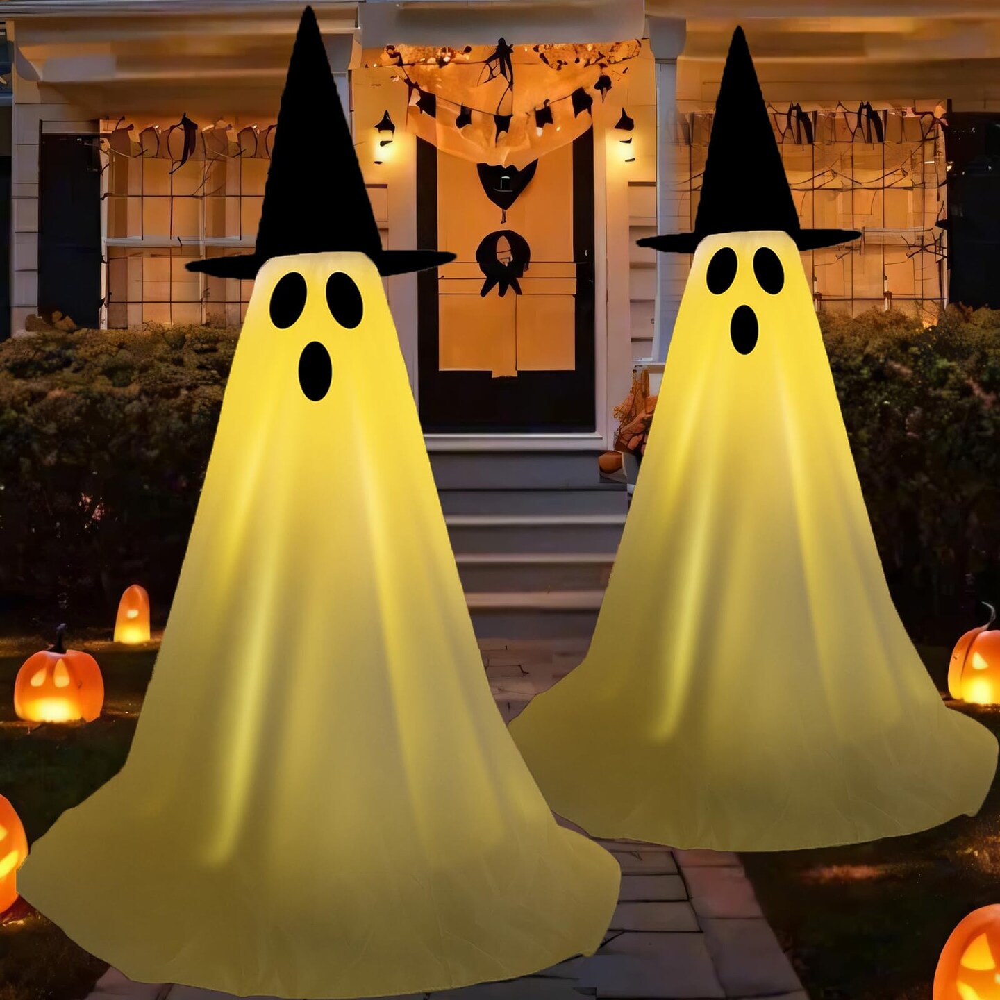 Halloween Light Up Ghost Kit - 2 Pack DIY Halloween Decorations Spooky Ghost Decor with 20 LED Lights Battery Operated Adjustable Height Hat for Outdoor Indoor Porches Yards Gardens Lawn (2 Pack)