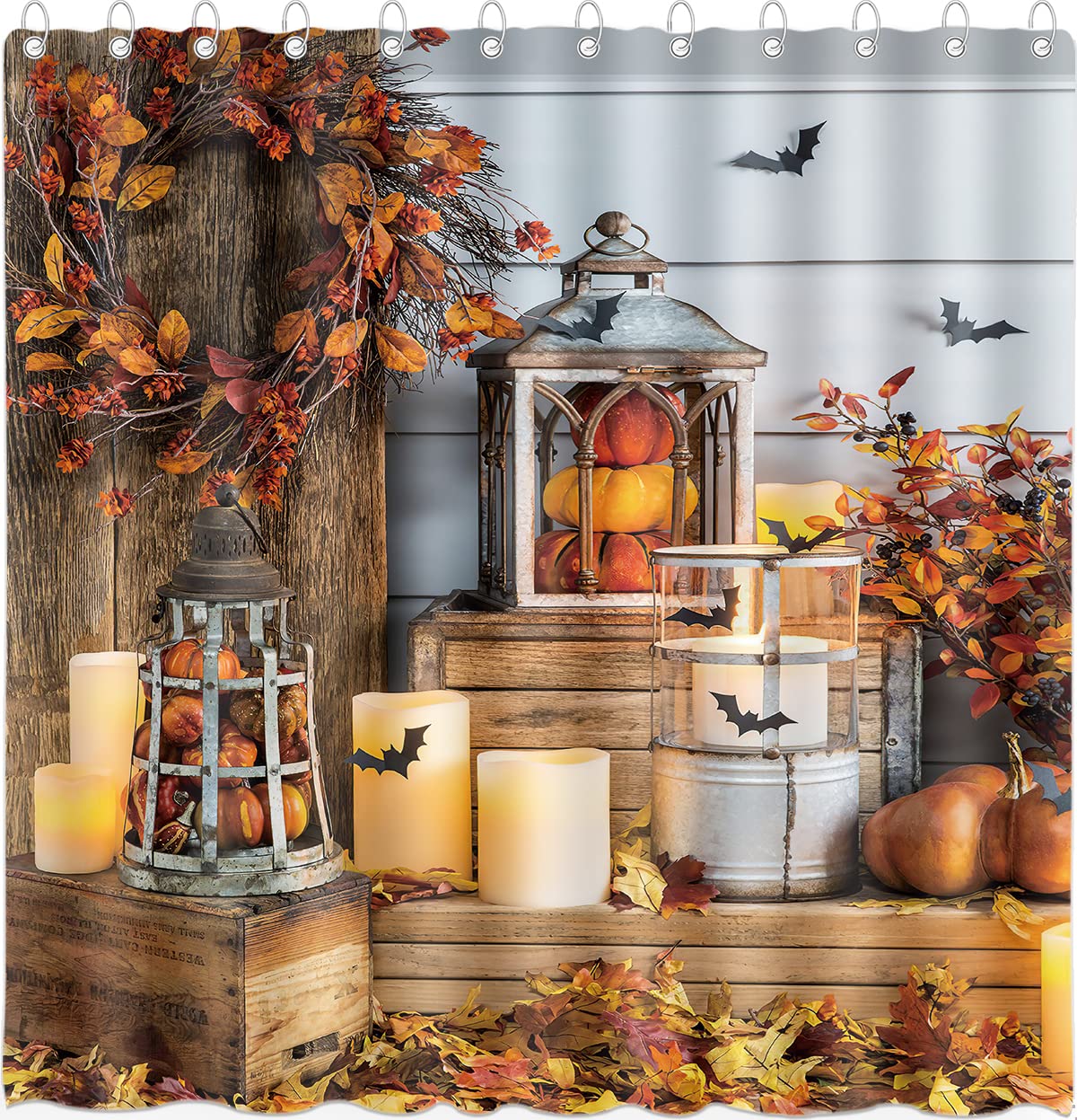 DePhoto Fall Shower Curtain for Bathroom Pumpkin Bat Candle Maple leaf Wooden board Lantern Happy Thanksgiving Halloween Poliester Fabric Decoration Water proof with 12Hooks 72x72inch