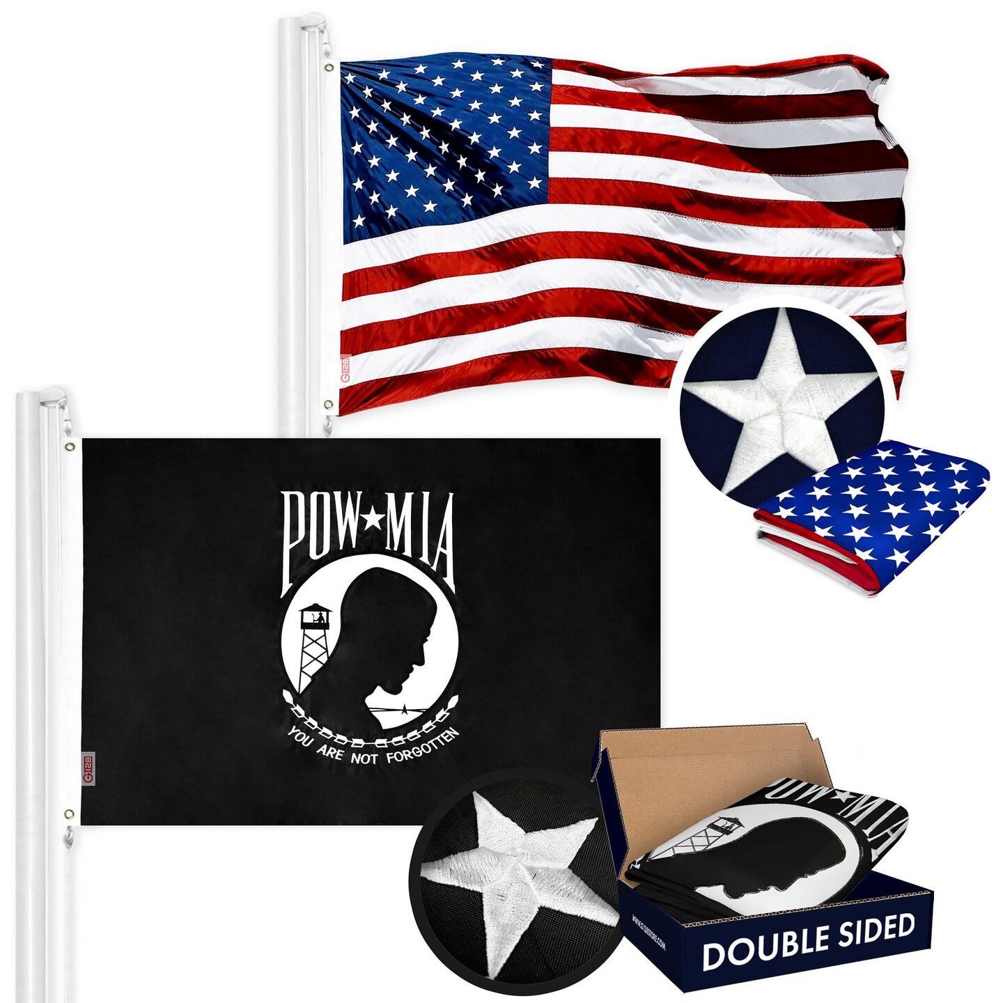 G128 Combo Pack: American USA Flag ToughWeave Series 2x3 Ft Single Sided &#x26; POW MIA Flag Double Sided 2x3 Ft Double ToughWeave Series | Both Embroidered Polyester, Brass Grommets