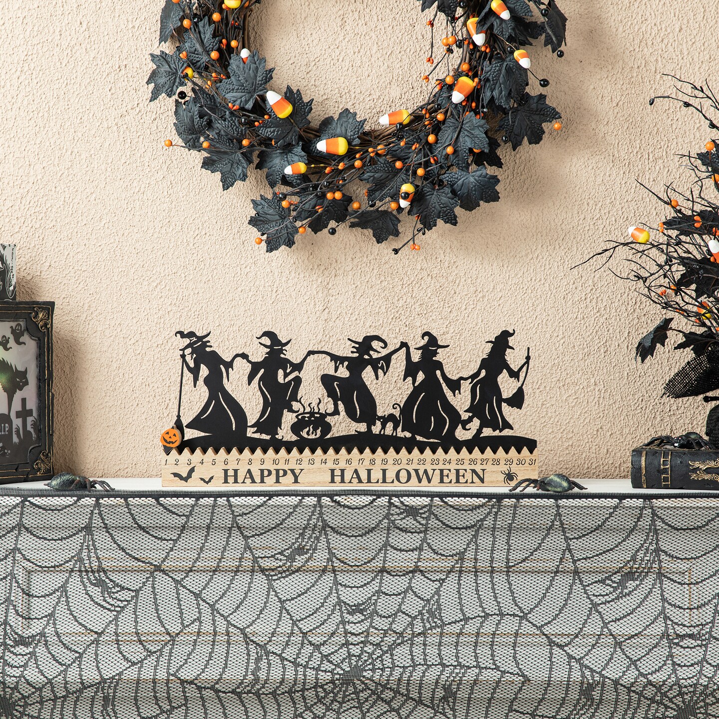 18"L Halloween Wooden & Metal Dancing Witch Silhouette Countdown Table ...