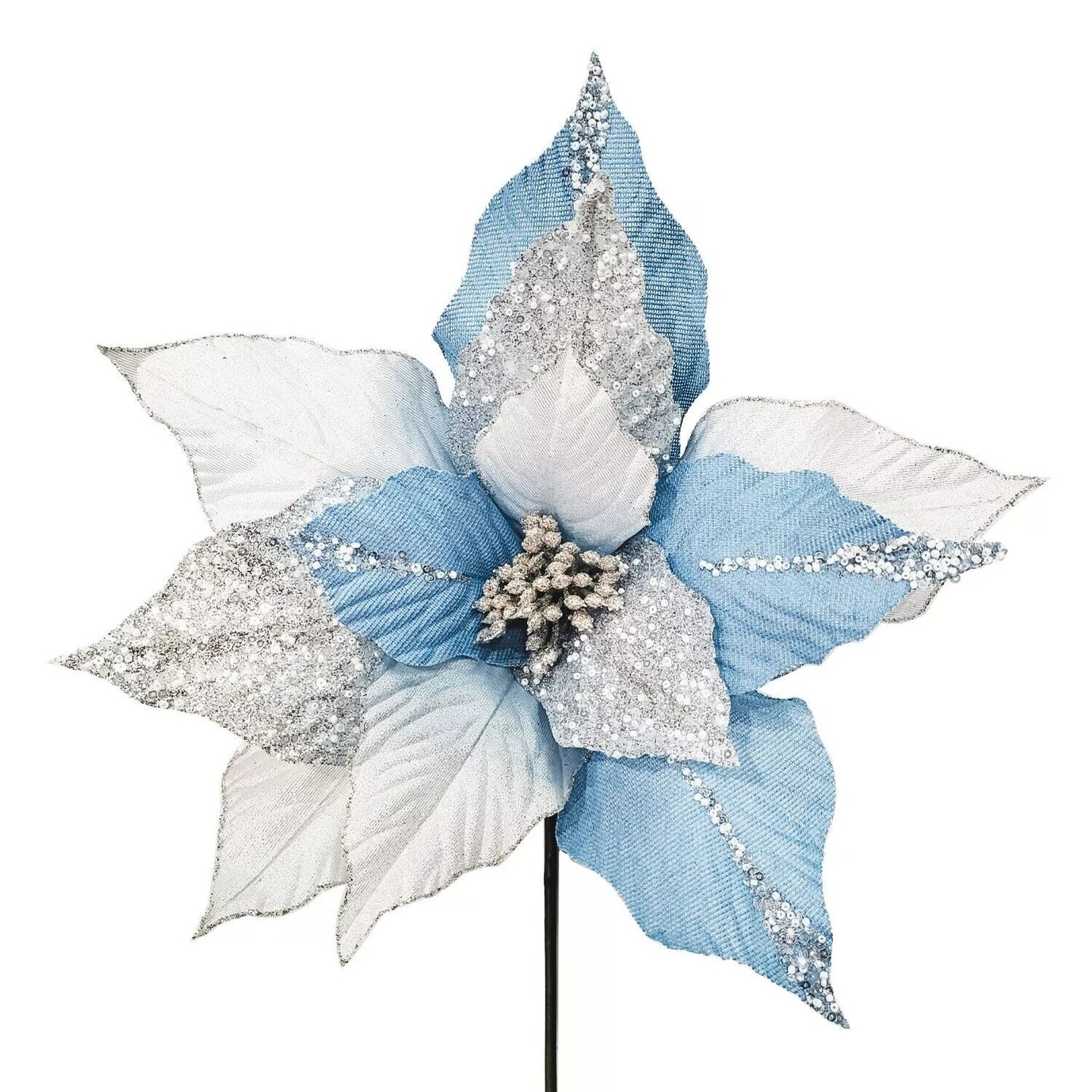 Blue Poinsettia Stem Velvety Flower Christmas Decoration Bendable Stem 27&#x22;x14&#x22;