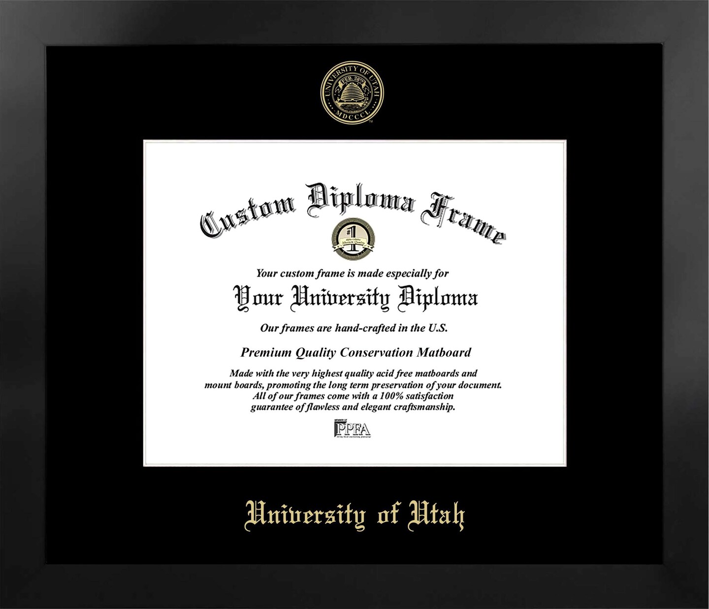 University of Utah 11w x 8.5h Manhattan Black Single Mat Gold Embossed Diploma Frame with Bonus Campus Images Lithograph (value savings at $59)