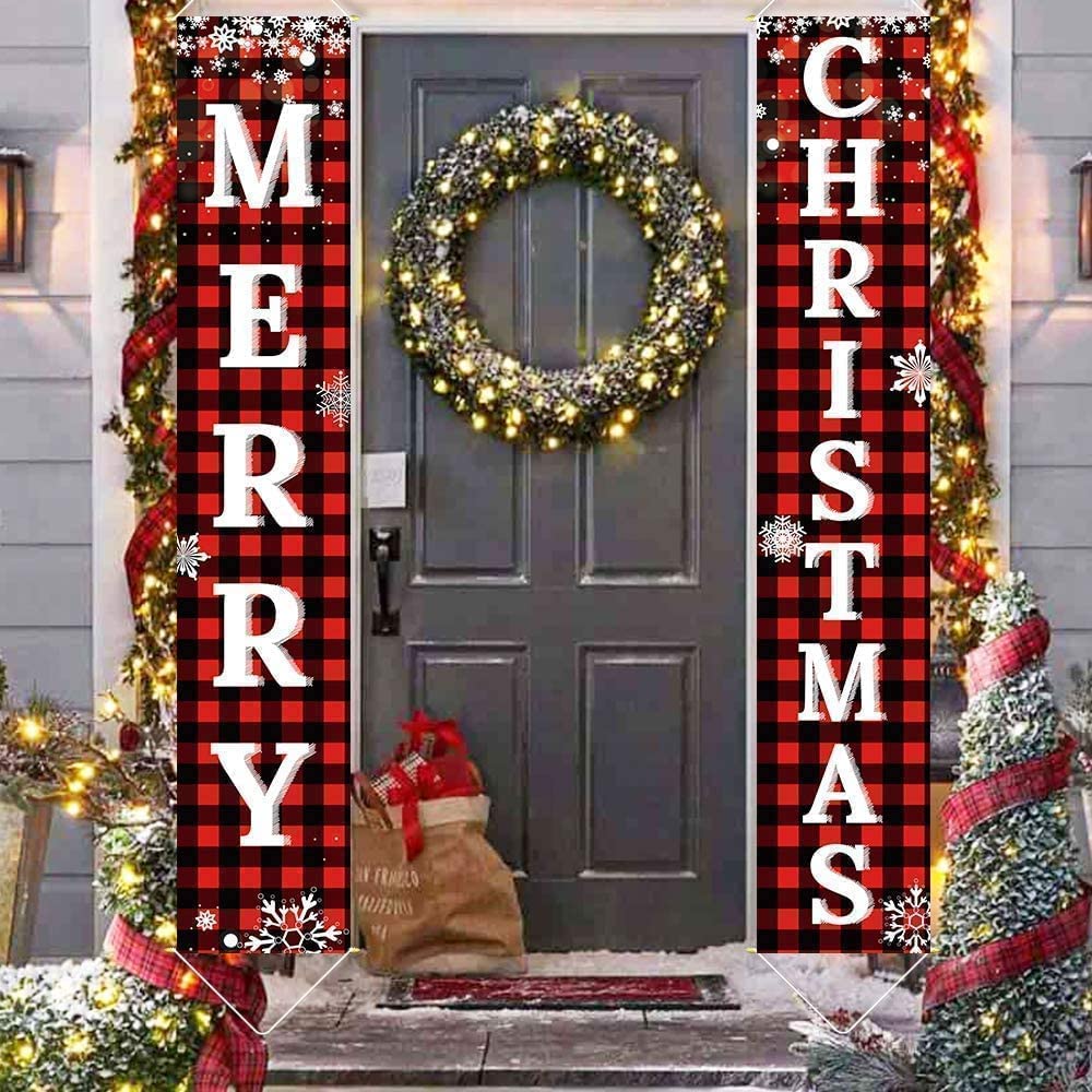 Ivenf Christmas Decorations Outdoor Yard Front Porch Sign Set, Red Black Buffalo Plaid Door Banner, Hanging Merry Christmas Decorations for Home, Indoor Outdoor Xmas Decor Wall Front Door Yard Garage