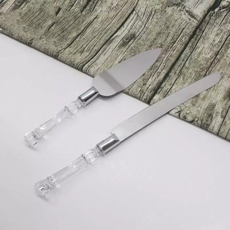 Silver Clear Knife and Server Crystal Handles Cake Serving Set Wedding Tableware