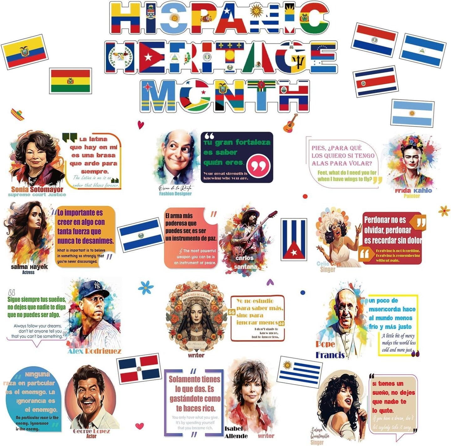 60 Pcs Bilingual Hispanic Heritage Month Sticker Set,Spanish & English Diecut Decals