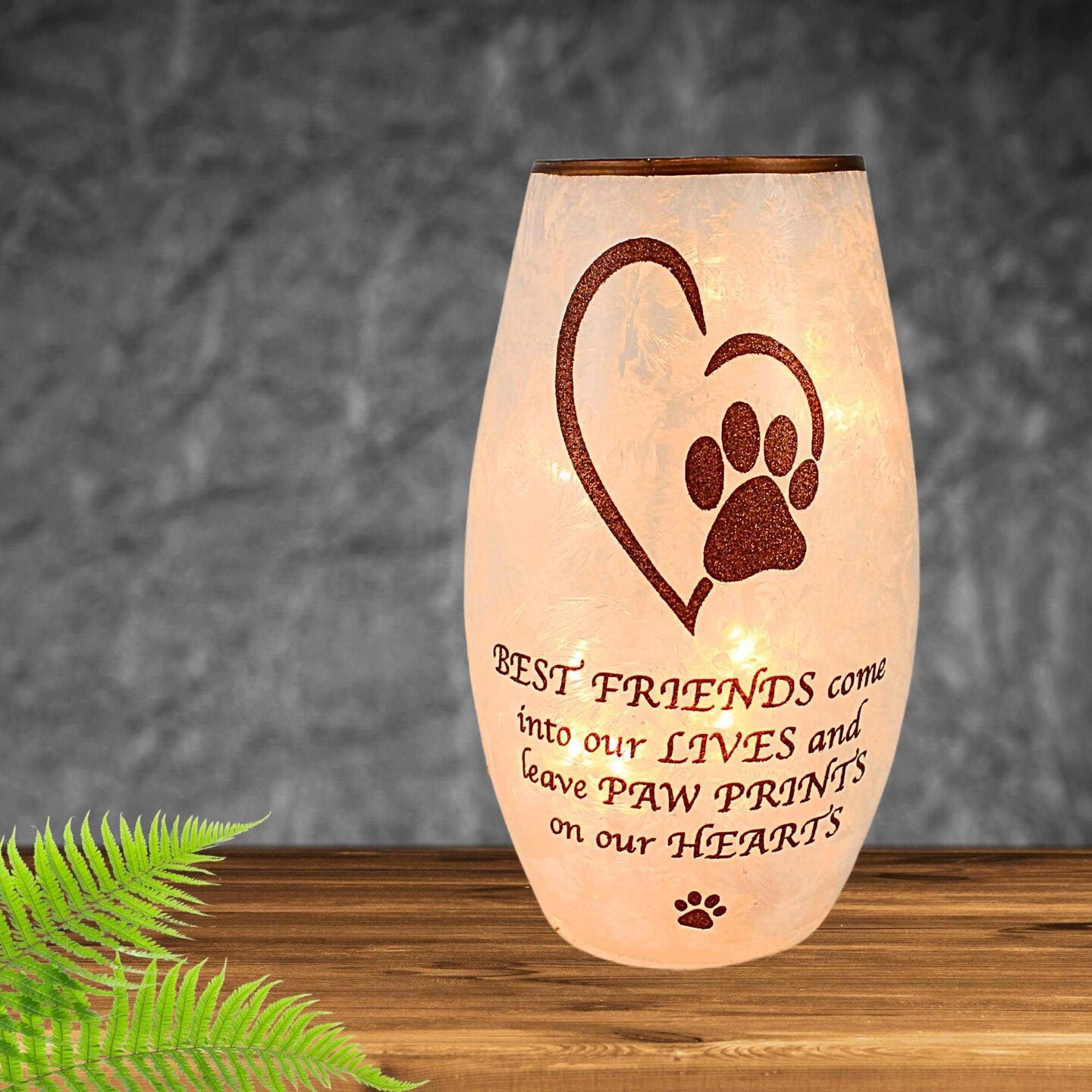 Stony Creek 7.25 In Best Friend Pet Pre-Lit Vase Bereavement Lighted Glass Accent , Bereavement Paw Print Heart