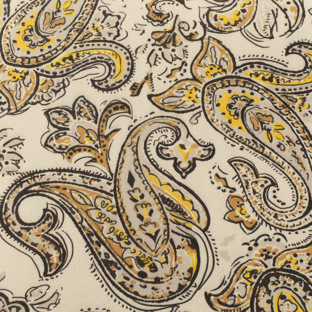 Yellow-Black-Beige Famous Designer Poly Stretch Paisley Printed Mesh Fabric By the Yard