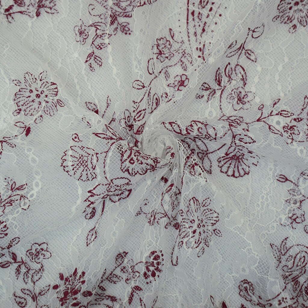 White-Red Nylon Floral Paisley Printed Lace Mesh Knit Fabric By
