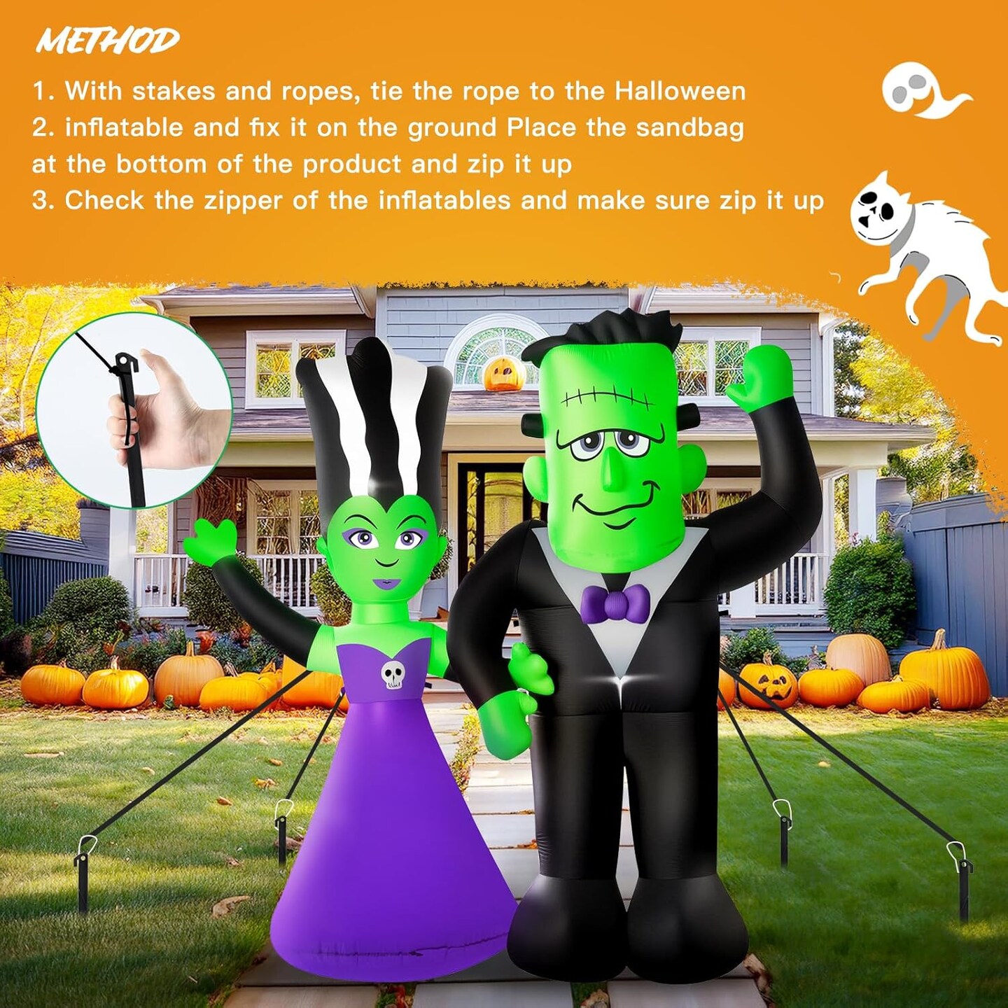 Halloween Inflatables - 7FT Ghost Couple with Built-in LED Lights