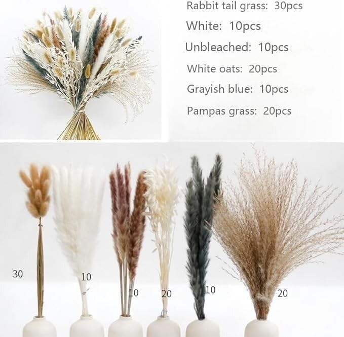100PCS Air Dried Pampas Grass 6kind Mix Bouquet(White, Brown, Blue-gray)