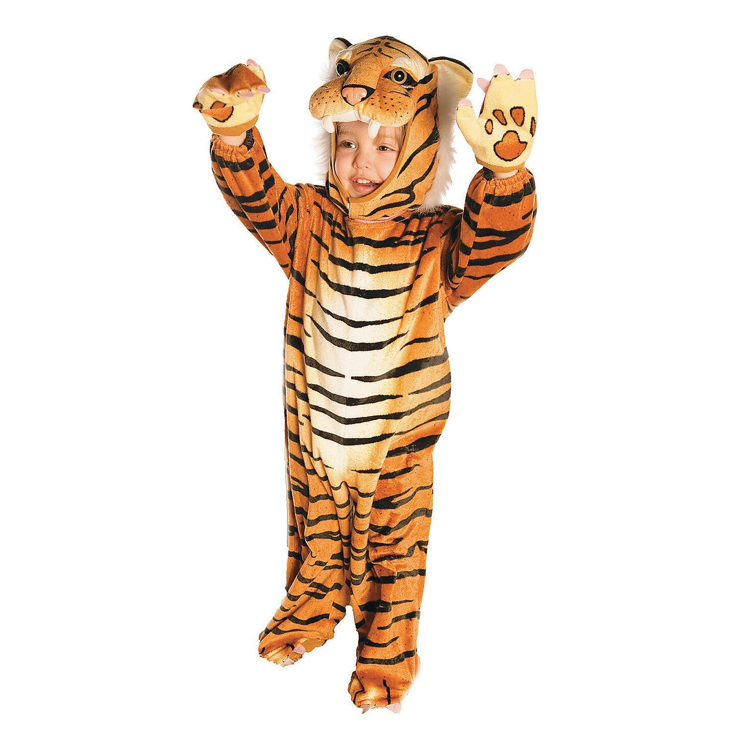 Kids Plush Brown Tiger Costume Striped Jumpsuit with Hood Gloves and Feet